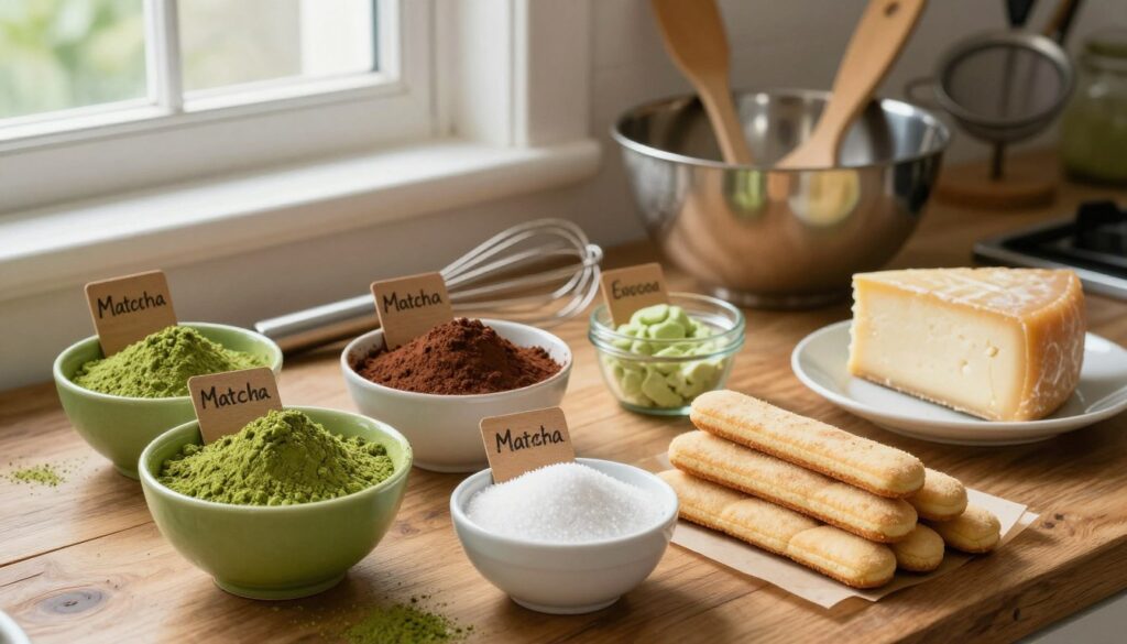 A beautifully arranged display of matcha tiramisu ingredients laid out on a rustic wooden kitchen countertop. In the foreground, vibrant bowls of matcha powder, cocoa powder, and sugar stand beside a plate of ladyfingers and a block of mascarpone cheese, each clearly labeled with wooden tags. The middle ground features a whisk and measuring cups, slightly askew, hinting at the preparation process. In the background, a set of essential kitchen tools such as a mixing bowl, spatula, and a sifter can be seen, bathed in soft, natural light streaming through a nearby window. The atmosphere is warm and inviting, with a hint of green and creamy tones to reflect the matcha and dessert theme, creating an anticipation for a delightful cooking experience.
