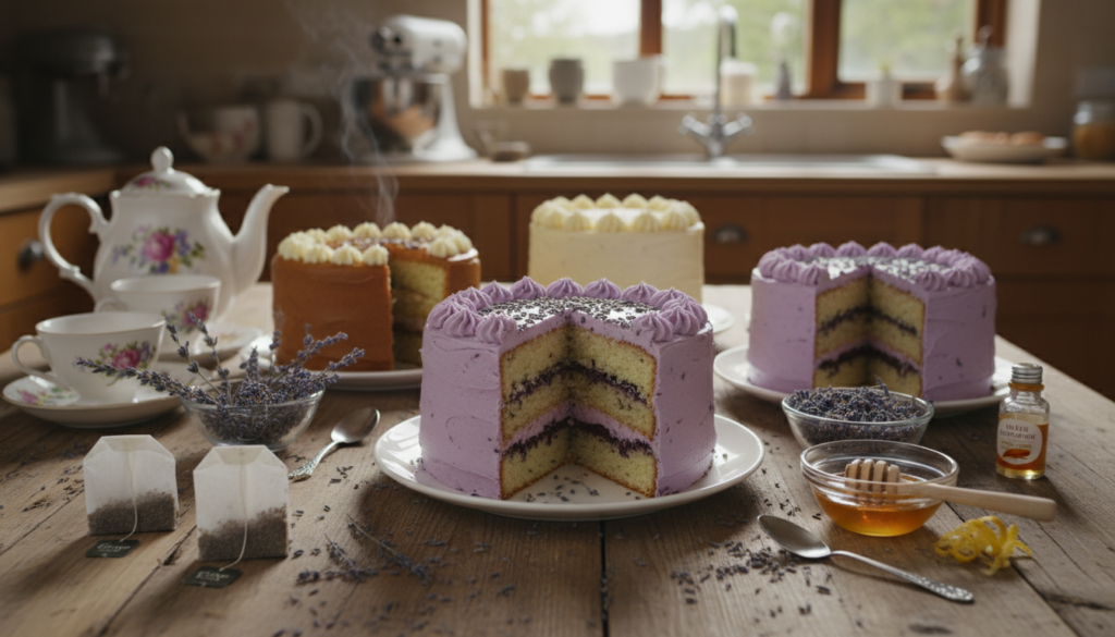 A beautifully arranged display of variations on an Earl Grey lavender cake, showcasing diverse ingredients and garnishes. In the foreground, a round Earl Grey lavender cake is elegantly sliced, revealing its delicate layers infused with lavender and tea. Surrounding the cake, sample ingredients are artistically presented: sprigs of fresh lavender, teabags, and bowls of alternative flavorings like lemon zest, honey, and almond extract. In the middle ground, a rustic wooden table is adorned with a vintage tea set, hinting at a warm, inviting atmosphere. Soft, natural lighting highlights the textures of the cake and ingredients, creating a cozy feel. In the background, a softly blurred kitchen setting suggests a welcoming baking environment. The mood is serene and inviting, perfect for inspiring bakers with creative ideas.