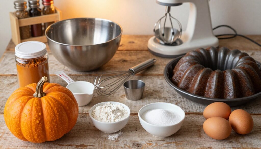 A beautifully arranged flat lay featuring essential ingredients and equipment for making a pumpkin spice bundt cake. In the foreground, display a vibrant orange pumpkin, a container of pumpkin spice, all-purpose flour, sugar, and eggs, neatly arranged on a rustic wooden surface. In the middle, include a mixing bowl, measuring cups, a whisk, and a bundt pan, highlighting their importance in the baking process. In the background, softly illuminated by warm, diffused lighting, suggest kitchen elements like a spice rack and a mixing stand to create a cozy baking atmosphere. The overall mood should convey an inviting and homey feeling, perfect for a fall baking experience.