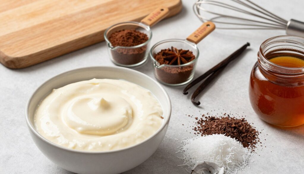 A beautifully arranged flat lay of essential ingredients for a creamy silken tofu dessert. In the foreground, a bowl of smooth silken tofu, glistening and fresh, beside a small pile of coconut sugar and a jar of maple syrup. In the middle ground, elegant measuring cups filled with rich cocoa powder and vanilla extract, and a handful of toppings like shredded coconut and dark chocolate shavings. The background features a wooden cutting board and a whisk, suggesting preparation. Soft, natural lighting enhances the creamy texture while creating a warm, inviting atmosphere. The scene evokes a sense of culinary delight and creativity, perfect for inspiring home cooks to explore dessert-making.