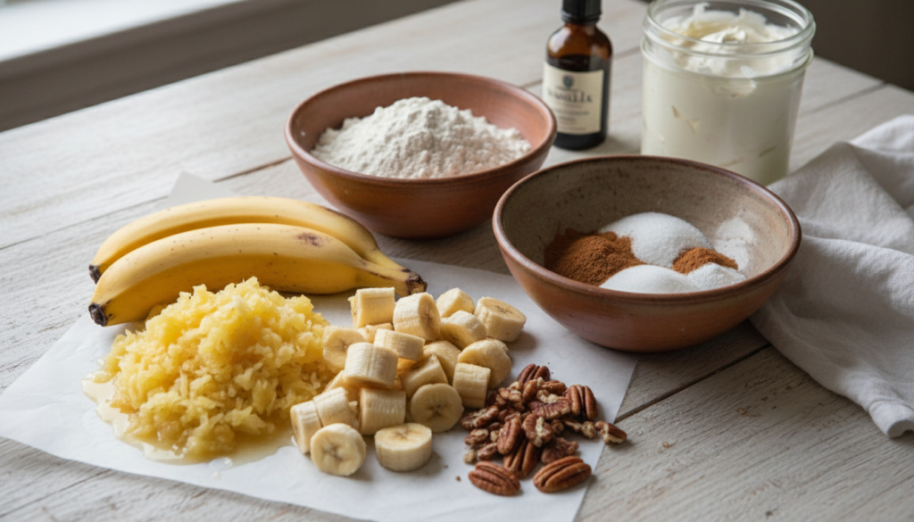 A beautifully arranged flat lay of essential ingredients for a perfect Hummingbird Cake. In the foreground, showcase vibrant crushed pineapple, finely chopped ripe bananas, and rich pecans sprinkled artistically. In the middle layer, display flour, sugar, baking soda, and spices like cinnamon and nutmeg in rustic bowls, emphasizing their textures. In the background, include a bottle of vanilla extract and a jar of cream cheese frosting, adding a creamy white contrast. Soft, natural light illuminates the scene, casting gentle shadows to enhance depth. The overall atmosphere should feel warm and inviting, evoking a sense of comfort and nostalgia, perfect for a Southern dessert theme. Use a slightly elevated angle to capture all elements harmoniously.