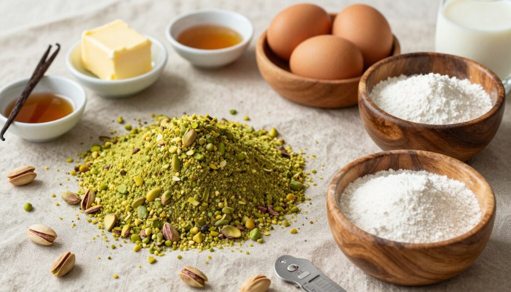 A beautifully arranged flat lay of essential ingredients for a pistachio cake, prominently featuring a vibrant green pile of shelled pistachios, a bowl of finely ground pistachio flour, and measures of sugar and flour in rustic wooden bowls. Include fresh eggs, creamy butter, and a sprinkle of baking powder, alongside small dishes of vanilla extract and milk. The background should be a softly textured linen cloth, suggesting a cozy kitchen ambiance. Use warm, natural lighting to enhance the rich colors and textures, with a slight overhead angle that captures the entirety of the ingredients. The overall mood evokes a sense of culinary delight, inspiring the viewer to create a delicious pistachio cake masterpiece.