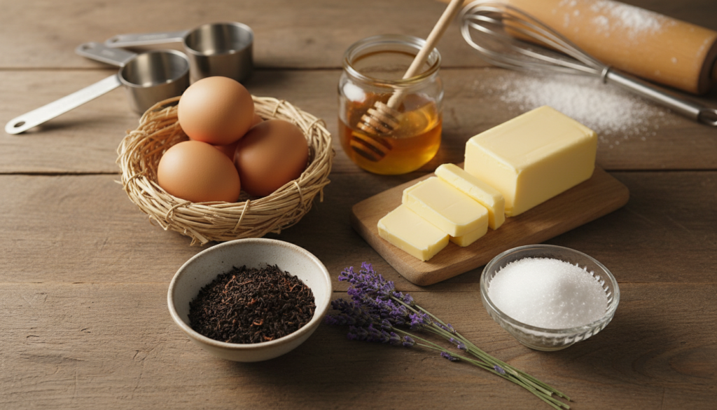 A beautifully arranged flat lay of essential ingredients for an Earl Grey Lavender Cake on a rustic wooden countertop. In the foreground, display a bowl of finely ground Earl Grey tea leaves, fresh culinary lavender, and a small dish of granulated sugar. In the middle, showcase eggs in a nest of straw, a block of creamy butter cut into cubes, and a jar of honey with a wooden dipper. In the background, a soft-focus backdrop of baking tools like measuring cups and a whisk. The lighting is warm and inviting, casting gentle shadows that evoke a cozy baking atmosphere. Use a shallow depth of field to emphasize the freshness of the ingredients, creating an enticing and aromatic ambiance without any text or distractions.