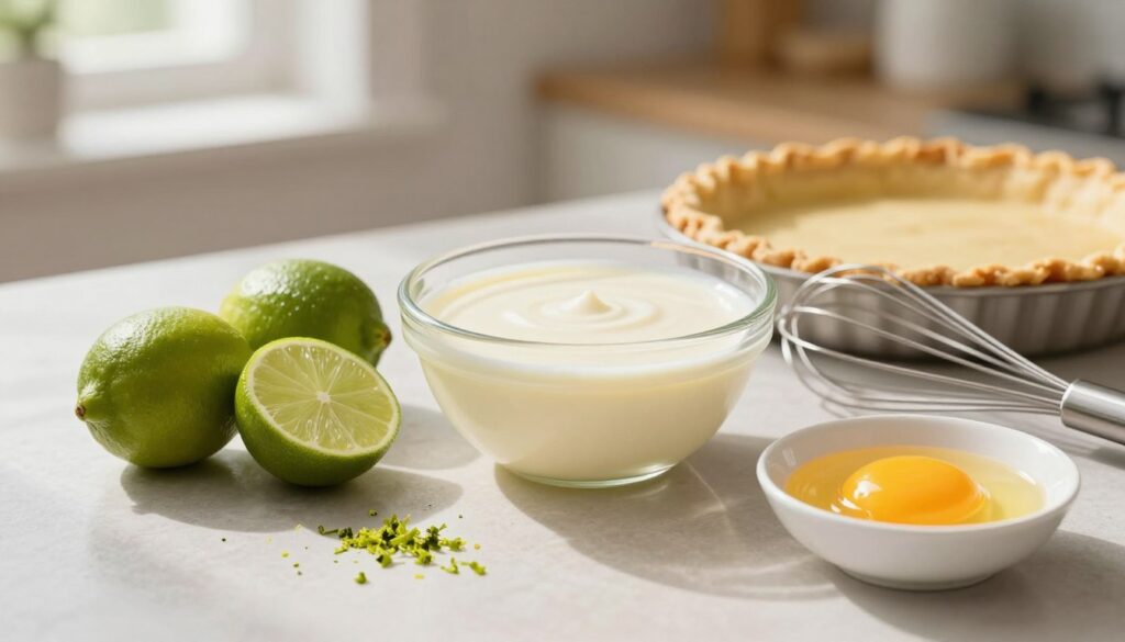 A beautifully arranged flat lay of essential ingredients for key lime pie, featuring fresh, vibrant limes, a bowl of smooth, creamy sweetened condensed milk, and a whisk beside a pie crust. Include a scattering of lime zest and a small dish of egg yolks, showcasing the bright yellow color. In the background, a soft, blurry kitchen setting hints at a warm, cozy atmosphere, with natural sunlight streaming in through a window. Use a shallow depth of field to focus on the ingredients while gently blurring the surroundings. The overall mood should evoke a sense of simplicity and deliciousness, inviting viewers into the world of baking a delightful key lime pie.
