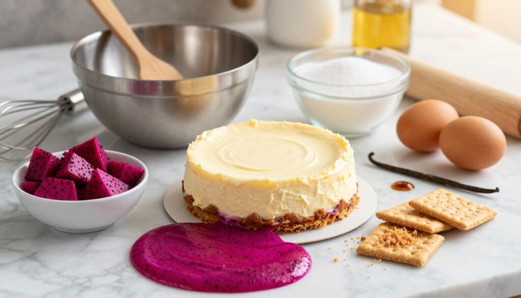 A beautifully arranged flat lay of essential ingredients for making cheesecake, featuring cream cheese, sugar, eggs, a hint of vanilla extract, and crushed graham crackers. In the foreground, a smooth layer of pink dragon fruit puree flows beside a small bowl of fresh dragon fruit pieces. The middle section showcases a mixing bowl and a spatula, with a whisk lying nearby. In the background, softly blurred kitchen utensils and a marble countertop create a clean, inviting atmosphere. The lighting is warm and natural, illuminating the textures of the ingredients and casting gentle shadows. The image conveys a fresh, creative cooking vibe, ideal for home bakers eager to explore cheesecake recipes.