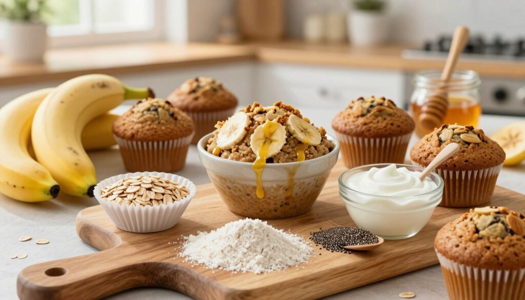 A beautifully arranged flat lay of healthy ingredient substitutions for muffins, including ripe bananas, oats, Greek yogurt, almond flour, honey, and chia seeds. The foreground features a rustic wooden cutting board with scoops of these ingredients artfully placed alongside a delicate muffin wrapper. In the middle, a bowl of banana bread muffin batter sits, with streaks of banana clearly visible. The background showcases a warm, inviting kitchen scene with natural light pouring in from a nearby window, highlighting the ingredients' textures and colors. Capture the richness of browns, yellows, and greens to evoke a sense of health and wellness. The atmosphere should feel uplifting and cozy, inviting viewers to explore healthier baking options without any text or watermarks.