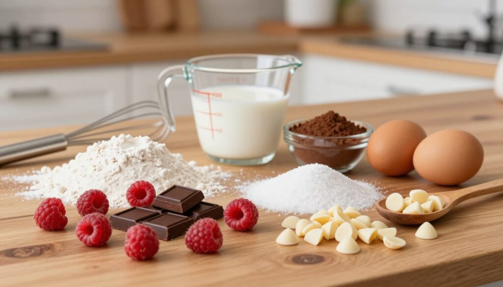 A beautifully arranged flat lay of ingredients for a chocolate raspberry cake on a rustic wooden kitchen countertop. In the foreground, showcase vibrant red raspberries, dark chocolate squares, and creamy white chocolate chips, artfully scattered among flour, sugar, and eggs. In the middle ground, include a glass measuring cup filled with milk and a small bowl of cocoa powder, with a whisk and a wooden spoon nearby. The background features a soft-focus view of an inviting kitchen, with warm lighting that gives a cozy and inviting atmosphere. Capture the scene from a slightly elevated angle, emphasizing the textures of the ingredients while maintaining a clean and organized composition, ideal for inspiring bakers.