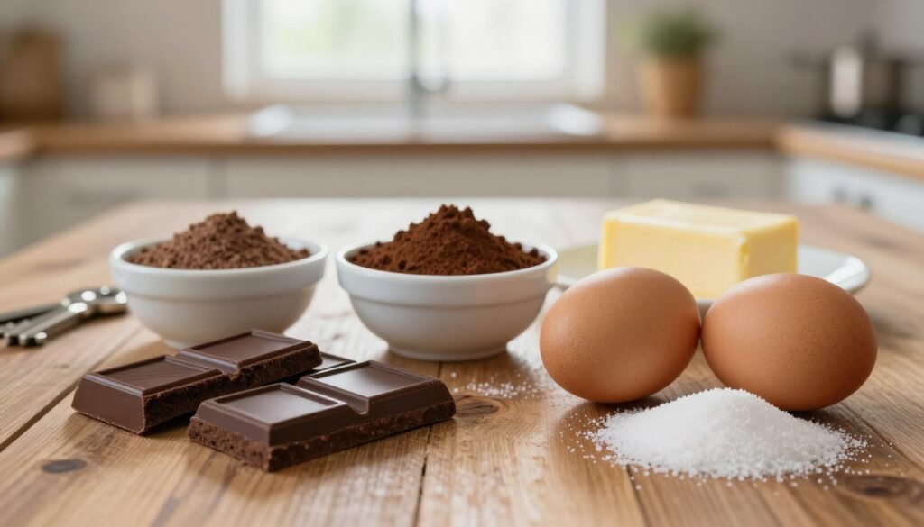 A beautifully arranged flat lay of key baking ingredients essential for a flourless chocolate cake. In the foreground, showcase rich dark chocolate, vibrant eggs, and fine sugar, artfully positioned on a rustic wooden surface. For the middle layer, display small bowls of cocoa powder and a hint of sea salt, alongside a fresh stick of butter. The background should feature a softly blurred kitchen setting with warm, natural lighting coming from a window, creating a cozy atmosphere. Use a shallow depth of field to focus on the ingredients while softly blurring the kitchen tools in the background, conveying an inviting and professional mood suitable for a baking science theme. The image should evoke a sense of warmth and indulgence, highlighting the essence of rich, fudgy chocolate cake creation.