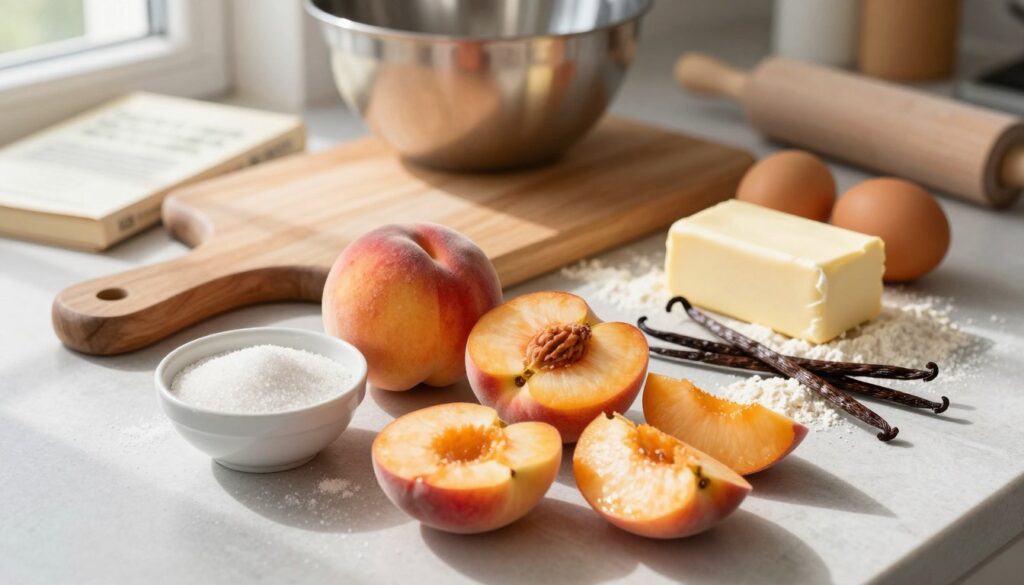 A beautifully arranged flat lay of key ingredients for a peach vanilla cake. In the foreground, fresh, ripe peaches, some sliced, showcasing their juicy interior, alongside a small bowl of granulated sugar and a scattering of flour. A stick of creamy butter rests next to a couple of eggs, with delicate vanilla beans placed artfully nearby. In the middle ground, a wooden cutting board and a mixing bowl hint at preparation. The background features soft, muted kitchen elements like a faded recipe book and a blurred rolling pin, creating a warm and inviting atmosphere. Natural light streams in from a nearby window, casting gentle shadows and enhancing the vibrant colors of the ingredients. The mood is cozy and homelike, evoking a sense of delicious anticipation.