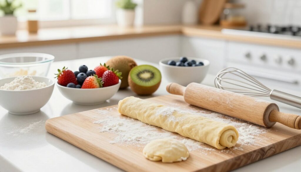 A beautifully arranged flat lay of tart preparation steps, showcasing a wooden cutting board with freshly rolled pastry dough, a rolling pin, and flour dust, all in the foreground. In the middle, have a mixture of colorful fruits like strawberries, blueberries, and kiwi, with bowls, measuring cups, and a whisk. The background features a softly blurred kitchen setting, with natural light streaming through a window, highlighting the warmth and coziness of a home kitchen. The scene conveys a welcoming and cheerful atmosphere, ideal for baking enthusiasts. Capture the image from a slightly elevated angle to emphasize the vibrant colors and textures, ensuring clarity and inviting details without any text or distractions.