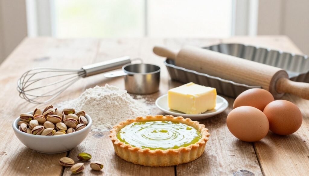 A beautifully arranged flat lay showcasing the ingredients and essential tools for making a pistachio frangipane tart. In the foreground, include a bowl of shelled pistachios, some flour, sugar, unsalted butter, and fresh eggs artfully placed on a rustic wooden tabletop. In the middle, feature essential baking tools such as a whisk, measuring cups, a rolling pin, and a tart pan, neatly organized. The background offers soft, diffused natural lighting from a nearby window, creating a warm and inviting atmosphere. Use a shallow depth of field to emphasize the ingredients in the foreground while gently softening the tools behind. This scene should evoke a sense of creativity and joy in baking, perfect for a dessert recipe.
