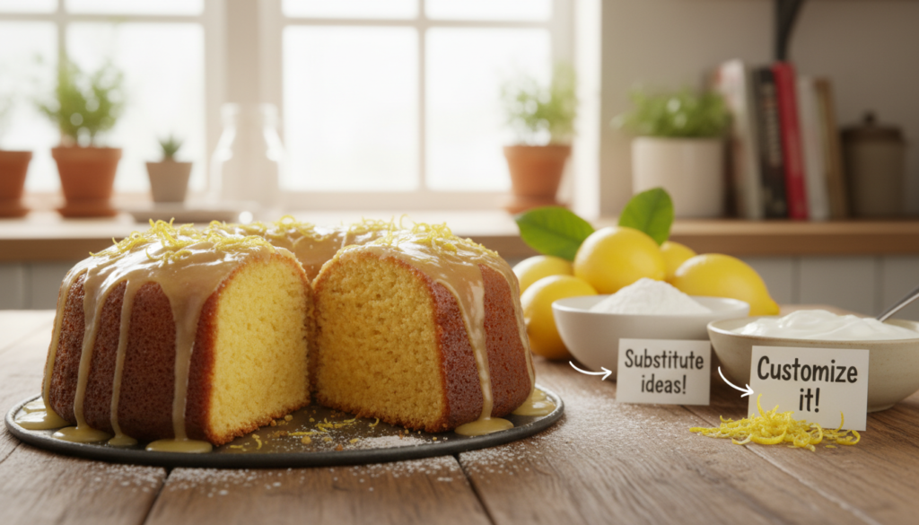 A beautifully arranged gluten-free lemon drizzle cake sits in the foreground, showcasing its moist texture and glossy lemon glaze. The cake is adorned with finely grated lemon zest and a sprinkle of powdered sugar, hinting at customization options. In the middle, a wooden table displays a variety of fresh ingredients: gluten-free flour, ripe lemons, and a small bowl of yogurt, reflecting substitution ideas. The background features a bright kitchen setting with natural light streaming through a window, enhancing the inviting atmosphere. Soft, diffused lighting creates warmth, while the angle captures the cake at a slight top-down view, emphasizing its delectable appearance. The overall mood is cheerful and inspiring, perfect for encouraging culinary creativity. A beautifully arranged gluten-free lemon drizzle cake sits in the foreground, showcasing its moist texture and glossy lemon glaze. The cake is adorned with finely grated lemon zest and a sprinkle of powdered sugar, hinting at customization options. In the middle, a wooden table displays a variety of fresh ingredients: gluten-free flour, ripe lemons, and a small bowl of yogurt, reflecting substitution ideas. The background features a bright kitchen setting with natural light streaming through a window, enhancing the inviting atmosphere. Soft, diffused lighting creates warmth, while the angle captures the cake at a slight top-down view, emphasizing its delectable appearance. The overall mood is cheerful and inspiring, perfect for encouraging culinary creativity.