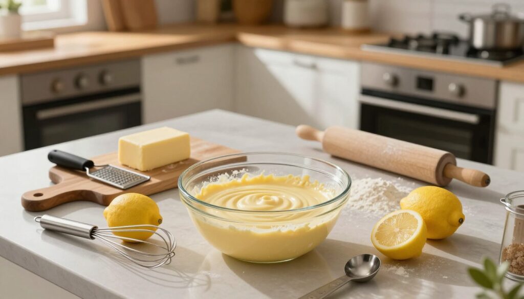 A beautifully arranged kitchen countertop, showcasing essential mixing and baking tools. In the foreground, a clear glass mixing bowl filled with a creamy lemon cheesecake batter, surrounded by fresh lemons, a whisk, and measuring spoons. In the middle, a wooden cutting board with a butter block and a zester, symbolizing prep work; a rolling pin and flour dust hint at baking readiness. The background features a warm kitchen scene with a glowing oven, soft morning light streaming through a window, casting gentle shadows. The atmosphere is inviting and cheerful, evoking a sense of comfort and creativity in baking. Aim for a slightly elevated angle for a dynamic perspective, capturing the essence of mixing and baking tips in a harmonious, cozy kitchen setting.