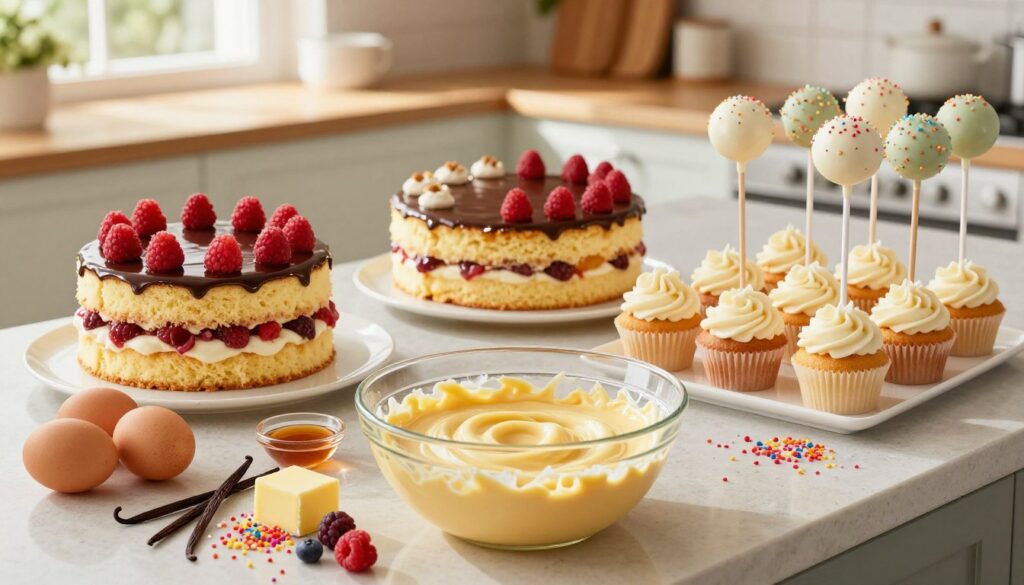 A beautifully arranged kitchen countertop showcasing the transformation of boxed yellow cake mix into gourmet desserts. In the foreground, a vibrant bowl of cake batter mixes, with fresh ingredients like eggs, vanilla extract, and butter, alongside decorative elements like sprinkles and berries. The middle layer features various gourmet desserts, including a lavish layered cake adorned with raspberry and chocolate ganache, indulgent cupcakes with delicate frosting, and a tempting cake pop display. The background reveals a warm, inviting kitchen setting with soft, natural light streaming through a window, highlighting the textures of the baked goods. The scene evokes a cheerful, creative atmosphere of culinary delight, encouraging the viewer to take inspiration from the colorful array of treats.