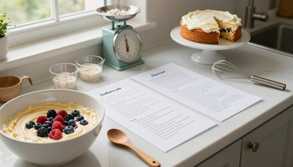 A beautifully arranged kitchen countertop showcasing tips for creating the perfect vanilla berry cake. In the foreground, a large white mixing bowl filled with creamy vanilla batter and colorful mixed berries, a wooden spoon resting beside it. In the middle, neatly placed recipe cards with handwritten tips on achieving the perfect cake texture and flavor, surrounded by baking utensils like measuring cups and a whisk. In the background, soft natural light streams through a window, illuminating a vintage scale measuring flour and a delicate cake stand with a partially frosted cake. The overall atmosphere is warm, inviting, and inspiring, encouraging a sense of creativity in baking. The composition captures a sense of professionalism and homeliness, perfect for aspiring bakers.