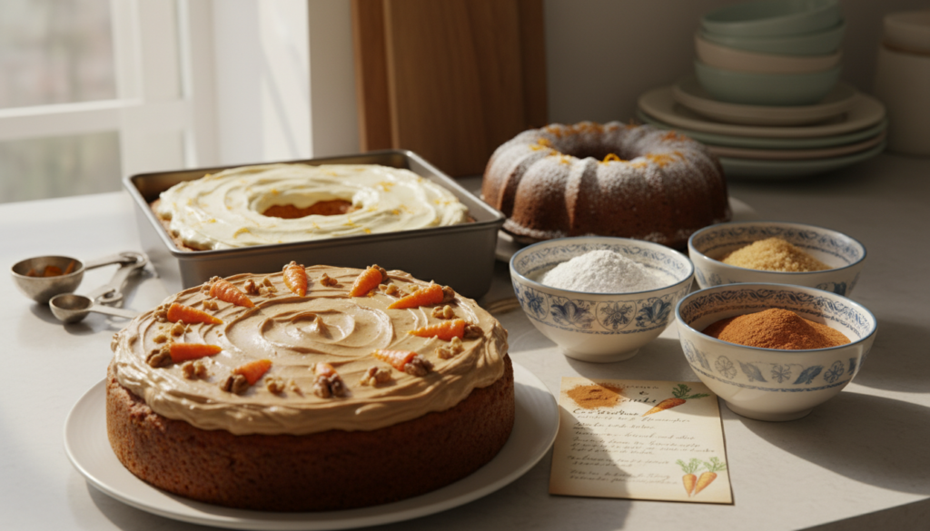 A beautifully arranged kitchen countertop showcasing various recipe variations for carrot cake, featuring multiple pans in different shapes and sizes, including round, square, and a Bundt pan. In the foreground, a freshly baked carrot cake with rich, creamy brown butter frosting, adorned with delicate carrots and walnuts as decoration. The middle ground displays an assortment of possible ingredients—flour, sugar, and spices in decorative bowls, alongside a recipe card with handwritten notes. The background features softly blurred kitchen elements, like a wooden cutting board, measuring spoons, and pastel-colored dishware, creating a warm, inviting atmosphere. The lighting is soft and natural, simulating sunlight streaming in from a nearby window, enhancing the cozy and homely feel of the scene. A beautifully arranged kitchen countertop showcasing various recipe variations for carrot cake, featuring multiple pans in different shapes and sizes, including round, square, and a Bundt pan. In the foreground, a freshly baked carrot cake with rich, creamy brown butter frosting, adorned with delicate carrots and walnuts as decoration. The middle ground displays an assortment of possible ingredients—flour, sugar, and spices in decorative bowls, alongside a recipe card with handwritten notes. The background features softly blurred kitchen elements, like a wooden cutting board, measuring spoons, and pastel-colored dishware, creating a warm, inviting atmosphere. The lighting is soft and natural, simulating sunlight streaming in from a nearby window, enhancing the cozy and homely feel of the scene.
