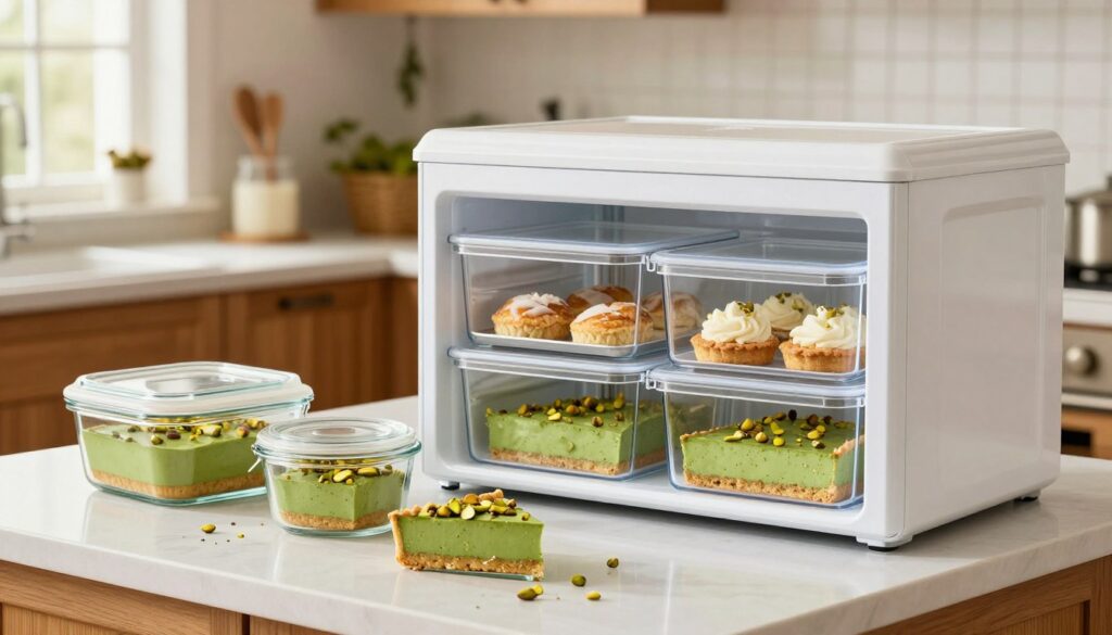 A beautifully arranged kitchen countertop with a focus on storage solutions for leftover desserts. In the foreground, elegant glass containers filled with slices of pistachio frangipane tart, showcasing a rich green filling. The middle ground features a neatly organized freezer with transparent drawers revealing other desserts stored for freezing, such as pastries and cakes. In the background, a softly lit kitchen setting with warm wooden cabinets and hanging herbs adds a cozy atmosphere. The scene is bright and inviting, illuminated by natural light streaming through a window, highlighting the freshness of the ingredients. The overall mood is homely and practical, ideal for home bakers seeking efficient storage and freezing tips for their delicious creations.