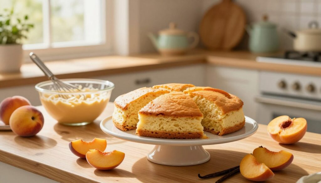 A beautifully arranged kitchen scene featuring layers of freshly baked peach vanilla cake on a wooden countertop, with warm, golden light streaming in from a nearby window. In the foreground, focus on a round cake stand showcasing three fluffy cake layers, each perfectly baked and slightly domed, with peach slices and vanilla beans scattered artistically around them. The middle ground includes a mixing bowl filled with cake batter, a whisk, and measuring cups, all hinting at the baking process. In the background, a quaint kitchen setting with pastel-colored kitchenware and herbs adds charm to the atmosphere. The overall mood is inviting and warm, evoking the delightful aroma of baking.