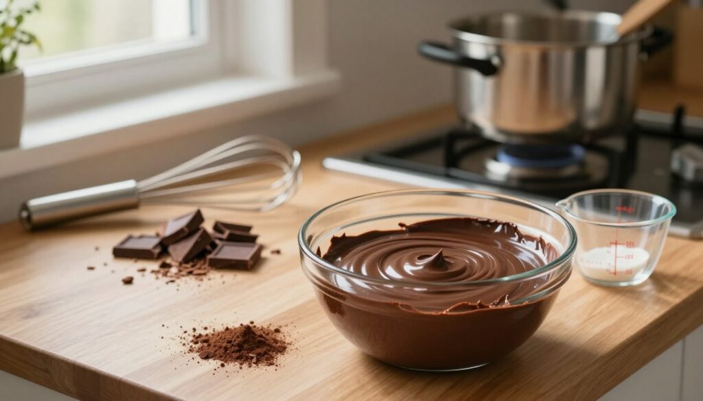 A beautifully arranged kitchen scene showcasing the steps to create rich chocolate ganache. In the foreground, a glass bowl filled with glossy, melted chocolate ganache, glistening under soft, warm lighting. Beside it, a whisk and a set of measuring cups, hinting at the ingredients used. In the middle layer, a wooden countertop scattered with chocolate shavings and cocoa powder, adding texture and depth. The background features neatly organized kitchen tools like a double boiler and spatulas. The atmosphere is inviting, with a cozy, homely feel enhanced by soft, natural light streaming in from a nearby window. The focus is sharp on the ganache, while the background is softly blurred to convey a sense of warmth and culinary creativity.