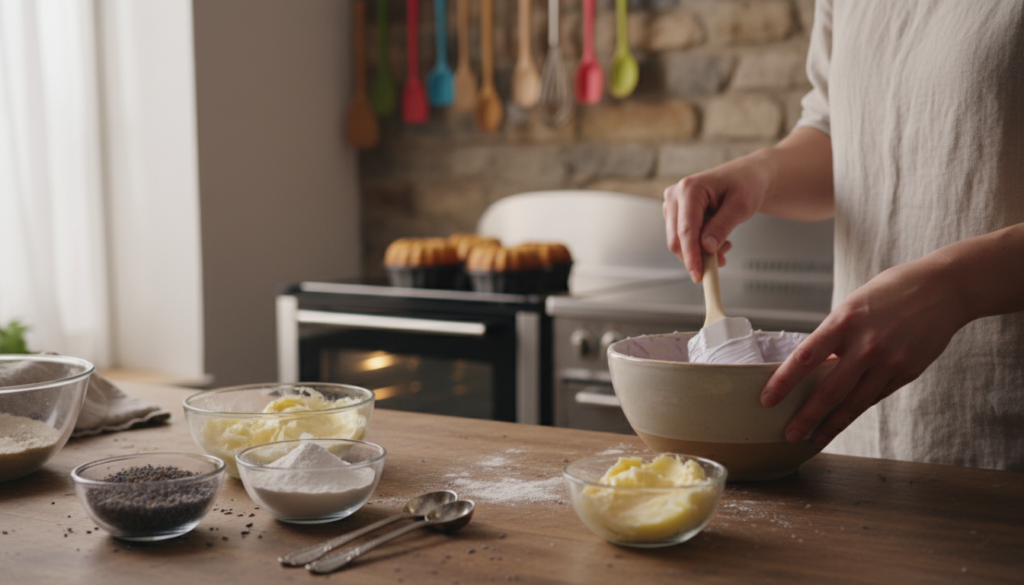 A beautifully arranged kitchen scene showcasing various baking techniques for achieving perfect texture in a luscious Earl Grey Lavender Cake. In the foreground, a wooden countertop displays neatly organized ingredients like finely chopped lavender, measured flour, and a bowl of creamed butter. In the middle, a professional baker in modest casual clothing gently folds a delicate batter in a mixing bowl, demonstrating the art of creating light textures. The background features an oven with a tray of cakes baking to golden perfection, colorful kitchen utensils hanging on the walls, and soft natural light filtering in through a window, enhancing the warm, inviting atmosphere. The focus is on the baking process, capturing a sense of craftsmanship and precision, with a shallow depth of field on the baking details for an intimate feel.