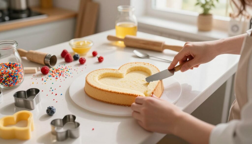 A beautifully arranged kitchen workspace where a baker is shaping a freshly baked cake into a heart shape. In the foreground, a soft-focus view of the baker's hands carefully molding the cake with a spatula, showcasing the delicate texture of the sponge. The middle ground features a countertop cluttered with baking tools, heart-shaped molds, and vibrant decorations like colorful sprinkles and fresh berries. The background includes a warm, inviting kitchen filled with natural sunlight streaming through a window, highlighting the cheerful atmosphere. The lighting is soft and diffuse, creating a cozy and playful mood, while the angle emphasizes the artistic process of transforming the cake into a stunning heart shape.