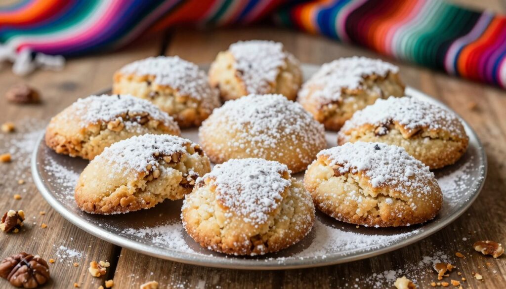 A beautifully arranged plate of Mexican wedding cookies, also known as polvorones, sitting elegantly on a rustic wooden table. The foreground features multiple round cookies dusted with powdered sugar, showcasing their crumbly texture and subtle hints of pecans. Delicately crumbled pieces scatter around the edges, suggesting freshness. In the middle, soft natural daylight filters through, creating a warm and inviting atmosphere. A blurred background reveals hints of traditional Mexican textiles and vibrant colors, enhancing the cultural essence of the scene. Capture the image from a slightly elevated angle to highlight the cookies while maintaining focus on their details. The mood is cozy and inviting, perfect for a sweet treat occasion.