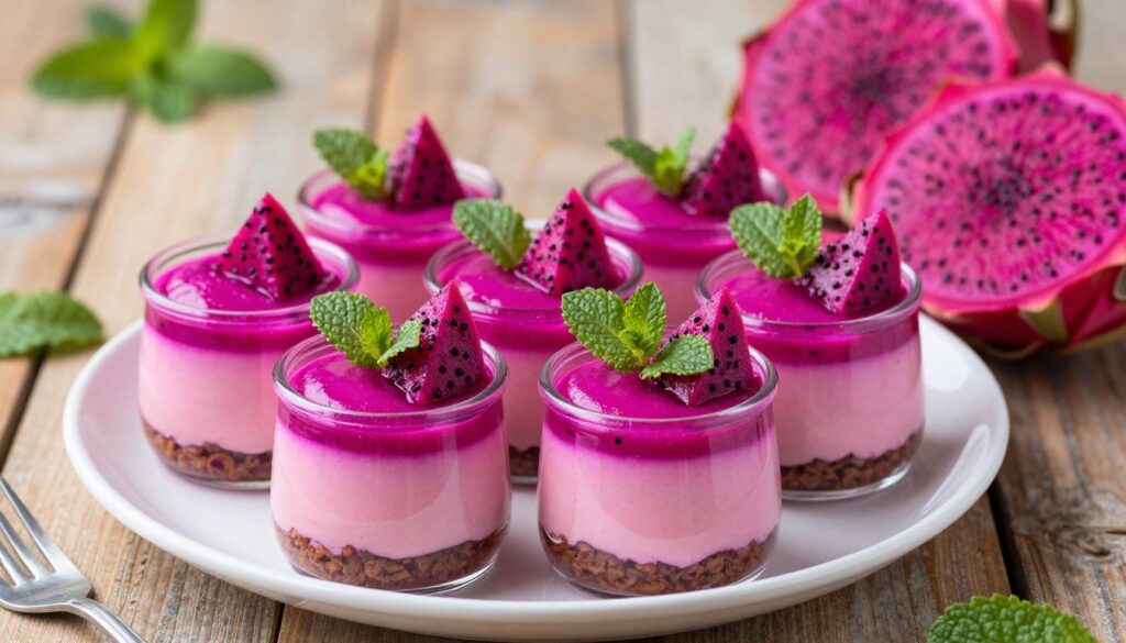 A beautifully arranged platter of no-bake dragon fruit mini cheesecakes, elegantly garnished with fresh dragon fruit slices and mint leaves. The cheesecakes are displayed in small, clear glass jars, showcasing their vibrant pink filling and creamy texture. In the foreground, a couple of jars are partly filled with a creamy, smooth cheesecake layer topped by a thick layer of bright pink dragon fruit puree. The middle ground features a few whole dragon fruits, cut in half to reveal their striking magenta flesh dotted with tiny black seeds. The background is softly blurred with a rustic wooden table, illuminated by warm, natural lighting that casts gentle shadows, creating an inviting and fresh atmosphere. The angle is slightly overhead to capture the full color and detail of the desserts, inviting viewers into the enchanting world of these delightful treats.