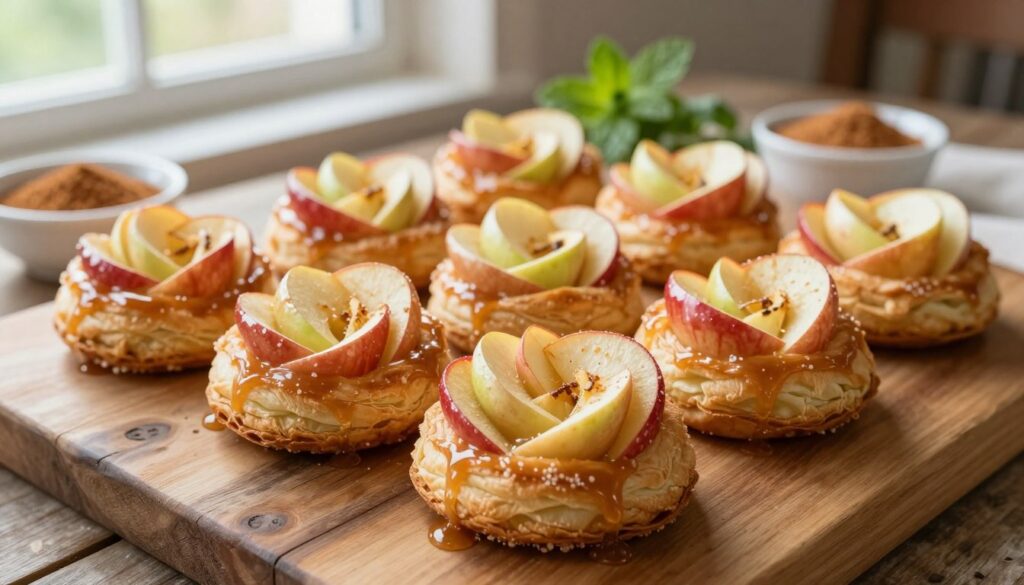 A beautifully arranged platter of puff pastry apple roses tarts, artfully displayed on a rustic wooden table. In the foreground, focus on the intricate details of the apple roses, with delicate layers of flaky pastry intertwined with vibrant red and green apple slices, glistening with a light brush of caramel glaze. In the middle ground, add a small dish of cinnamon sugar and a sprig of mint for decoration, enhancing the scene's freshness. In the background, incorporate soft, diffused natural sunlight filtering through a nearby window, casting gentle shadows and creating a warm, inviting atmosphere. Capture the scene from a slightly elevated angle to emphasize the textures and colors of the tarts, evoking a sense of warmth and homeliness perfect for a cozy presentation.