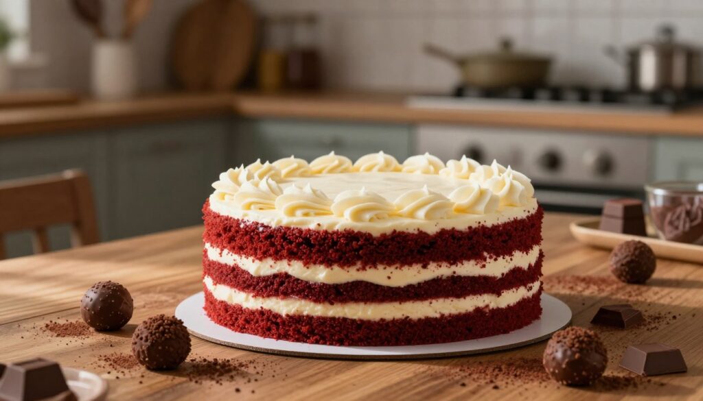 A beautifully arranged red velvet cake sits at the forefront, its rich crimson layers showcasing a smooth, luscious cream cheese frosting. Surrounding the cake are a few decadent chocolate truffles and cocoa dust, suggesting a dialogue about chocolate's role in red velvet flavor. In the middle ground, an elegant wooden table is adorned with subtle, warm lighting that casts soft shadows, creating an inviting atmosphere. The background features a softly blurred kitchen setting with muted colors, hinting at a baking environment, perhaps with baking utensils and ingredients artistically placed. The scene conveys an engaging and thoughtful debate ambiance, illustrating the interplay between red velvet cake and chocolate, emphasizing their culinary connection and intrigue.