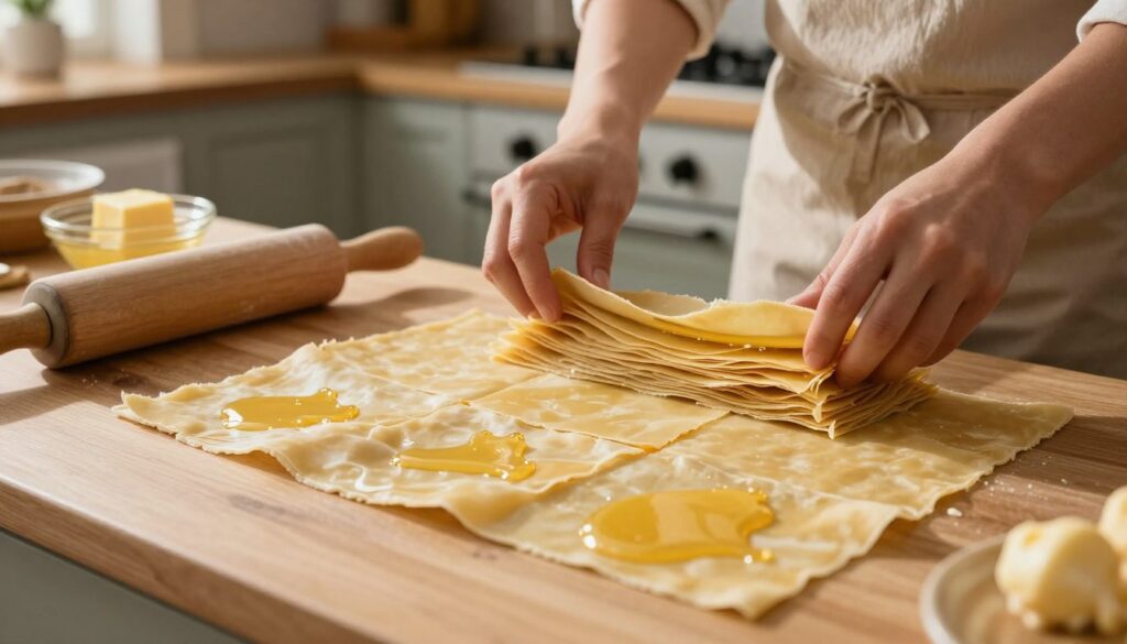 A beautifully arranged scene of layering phyllo dough, focusing on the intricate process of preparing baklava. In the foreground, a clean, wooden countertop is scattered with sheets of delicate, golden phyllo dough, some already layered with melted butter, showcasing glossy textures. A rolling pin and a small bowl of melted butter are placed nearby. In the middle, a pair of skilled hands, casually dressed, work carefully to layer additional sheets, emphasizing the finesse required. The background features a softly lit kitchen with subtle warmth, perhaps an oven in the distance. Natural light filters in through a window, casting gentle shadows and highlighting the flaky layers. The atmosphere feels inviting and homey, perfect for baking enthusiasts.