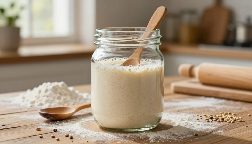 A beautifully arranged scene showcasing a sourdough starter at its peak, nestled in an artisan glass jar with a wooden spoon resting beside it. In the foreground, the jar glistens under soft, natural light, highlighting the bubbles and texture of the thick, active starter. The middle ground features a rustic wooden table with scattered flour and whole grains, suggesting the ingredients used to maximize flavors. A backdrop of blurred, warm kitchen elements, like hanging herbs and sunlight streaming through a window, creates an inviting atmosphere. The composition evokes a sense of comfort and creativity in the art of baking, emphasizing the richness and depth of flavors achievable with a well-cultivated sourdough starter.