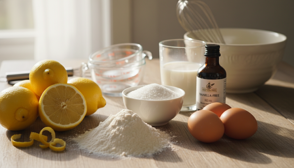 A beautifully arranged scene showcasing the ingredients for a gluten-free lemon drizzle cake. In the foreground, display a vibrant mix of gluten-free flour, fresh lemons, and large eggs, each distinctly visible with zesty lemon peels scattered around. In the middle, include a small bowl of granulated sugar, a glass of almond milk, and a bottle of vanilla extract, elegantly placed on a rustic wooden table. In the background, softly blurred, show kitchen utensils like a whisk and measuring cups. The lighting is warm and natural, creating a cozy, inviting atmosphere reminiscent of a sunny kitchen. The image should capture the fresh, zesty essence of baking while evoking feelings of warmth and delicious anticipation. A beautifully arranged scene showcasing the ingredients for a gluten-free lemon drizzle cake. In the foreground, display a vibrant mix of gluten-free flour, fresh lemons, and large eggs, each distinctly visible with zesty lemon peels scattered around. In the middle, include a small bowl of granulated sugar, a glass of almond milk, and a bottle of vanilla extract, elegantly placed on a rustic wooden table. In the background, softly blurred, show kitchen utensils like a whisk and measuring cups. The lighting is warm and natural, creating a cozy, inviting atmosphere reminiscent of a sunny kitchen. The image should capture the fresh, zesty essence of baking while evoking feelings of warmth and delicious anticipation.