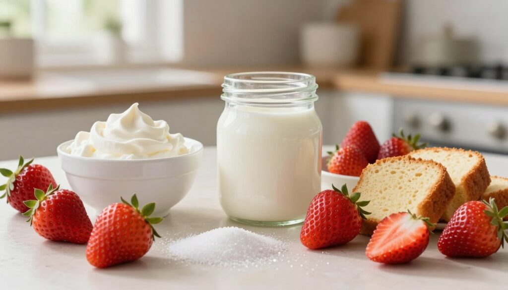 A beautifully arranged selection of essential ingredients for easy strawberry desserts, prominently featuring ripe, fresh strawberries in varying sizes and hues. Surround the strawberries with a variety of complementary items: a bowl of creamy whipped cream, a jar of smooth vanilla yogurt, fluffy pound cake slices, and a scattering of light granulated sugar. In the background, include a soft, out-of-focus kitchen setting with natural light streaming in through a window, casting a warm glow on the scene. The composition should evoke a cozy and inviting atmosphere, emphasizing the simplicity and enjoyment of creating quick strawberry treats. Use a shallow depth of field to focus on the ingredients while softly blurring the surroundings.