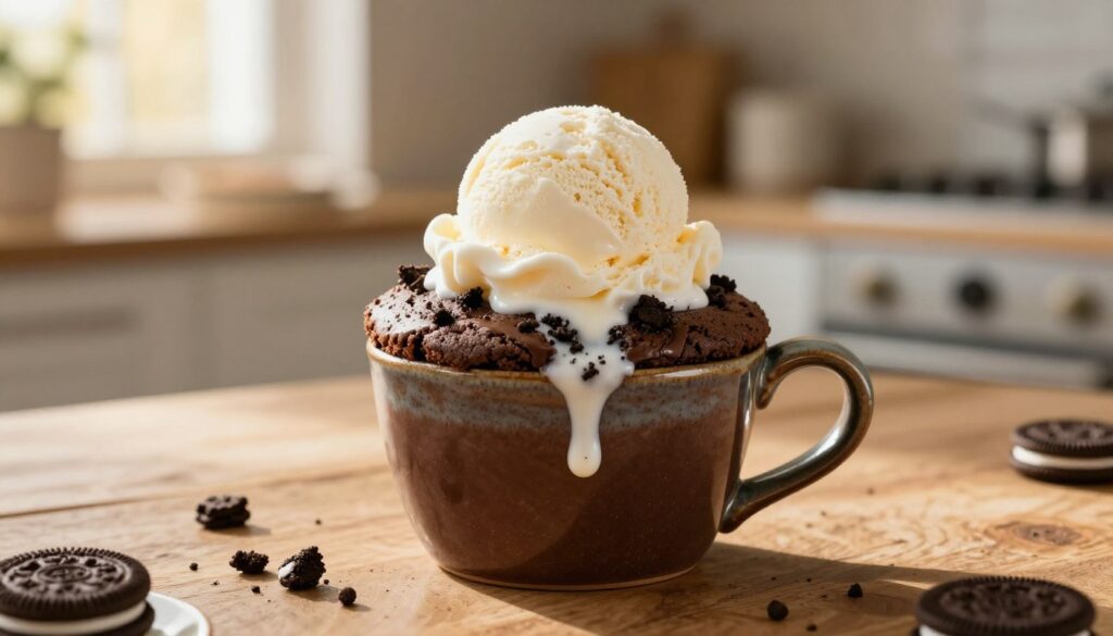 A beautifully arranged serving of a warm, decadent Oreo mug cake topped with a generous scoop of vanilla ice cream, melting slightly on the side. The mug is ceramic with a rustic design, showcasing a rich chocolate color, and is placed on a textured wooden table. In the background, softly blurred, are hints of a cozy kitchen with warm lighting—golden hour sunlight filtering through a kitchen window, casting gentle shadows. The focus is sharp on the mug cake, emphasizing the moist texture and gooey interior, with shards of Oreo cookies visible. A minimalist setting enhances the inviting ambiance, perfect for quick indulgence. The scene exudes warmth and comfort, evoking a sense of delightful anticipation.