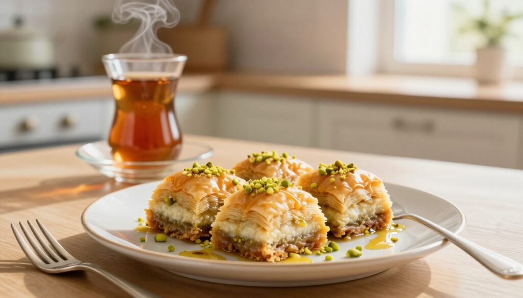 A beautifully arranged serving of baklava cheesecake on a delicate porcelain plate, garnished with finely chopped pistachios and a drizzle of honey. In the foreground, a small silver fork rests beside the plate, hinting at the indulgence to come. The middle ground showcases an elegant glass of herbal tea, steam gently rising, enhancing the inviting atmosphere of the setting. In the background, a warm kitchen ambiance is captured with soft focused hints of a wooden table and light pastel-colored wall décor. Natural sunlight filters through a nearby window, casting a soft, warm glow across the scene, creating a cozy and inviting mood suitable for dessert lovers. The image exudes a festive yet relaxed vibe, encouraging enjoyment and sharing.