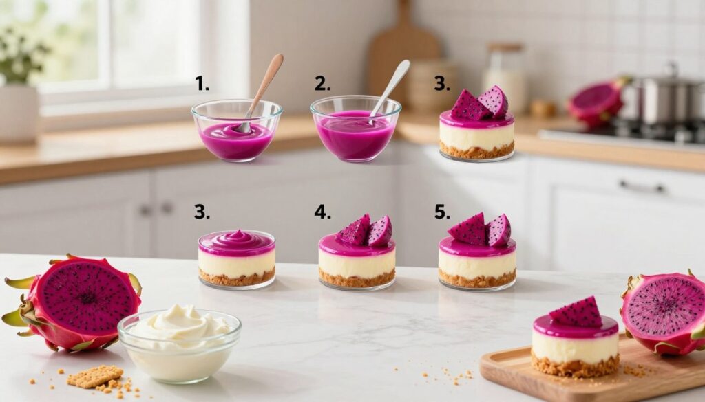A beautifully arranged step-by-step guide to making dragon fruit mini cheesecakes. In the foreground, a well-organized kitchen counter showcases fresh dragon fruit, a bowl of cream cheese, and graham cracker crumbs. The middle layer features a series of clear, numbered steps illustrated by colorful, appetizing images of the cheesecake-making process, including mixing ingredients, pouring the filling into mini crusts, and garnishing with slices of dragon fruit. The background includes a bright kitchen with natural light streaming in through a window, enhancing the vibrant pink of the dragon fruit and the creamy white of the cheesecakes. The atmosphere is inviting and cheerful, capturing the fun of making these delicious treats. Use a soft focus effect to convey a warm, homey feeling.