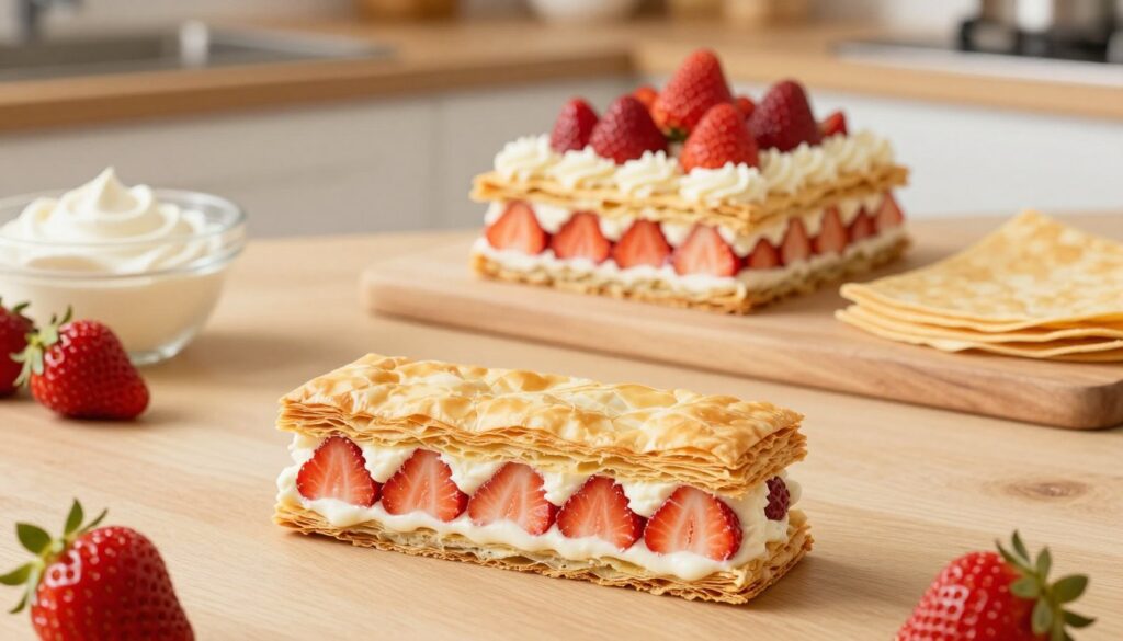 A beautifully arranged step-by-step process of making strawberry mille feuille, showcasing fresh strawberries, layers of flaky puff pastry, and rich cream. In the foreground, a delicate slice of mille feuille reveals its textures, with layers visibly alternating between cream and strawberry slices. In the middle, a clean wooden countertop displays various ingredients: a bowl of whipped cream, fresh strawberries, and pastry sheets. The background features a warm kitchen atmosphere with soft, natural lighting enhancing the vibrant red of the strawberries and the golden color of the pastry. A gentle focus adds depth, with the camera angle capturing the dish from slightly above, creating an inviting and artistic presentation that embodies the joy of homemade dessert preparation.