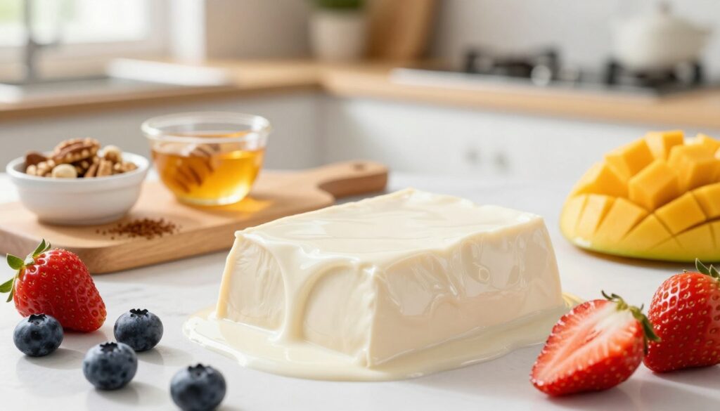 A beautifully arranged still life featuring silken tofu prominently displayed in the foreground, showcasing its smooth texture. Surround the tofu with colorful fruits like strawberries, blueberries, and mango slices to emphasize its nutritional benefits. In the middle ground, include a wooden cutting board with small bowls containing nuts, honey, and a sprinkle of cinnamon, symbolizing healthy dessert ingredients. The background should softly blur into a modern kitchen setting with warm, natural lighting filtering through a window, creating an inviting atmosphere. Use a shallow depth of field to focus on the tofu and fruits, allowing the viewer to appreciate the freshness. The overall mood should be vibrant and wholesome, reflecting the benefits of using silken tofu in delightful desserts.