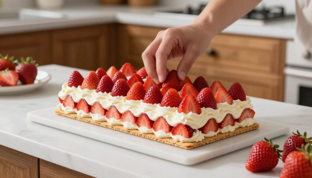 A beautifully arranged strawberry icebox cake being constructed on a clean, white marble countertop. In the foreground, layers of creamy whipped topping and fresh strawberries are delicately piled on top of graham crackers, showcasing a vibrant red and white contrast. In the middle ground, a hand is carefully placing the next layer of strawberries, capturing the meticulous process of building the dessert. The background is softly blurred to highlight the cake, featuring a rustic kitchen with warm wooden cabinets and a hint of natural light streaming in, casting gentle shadows. The atmosphere is inviting and homely, evoking a sense of summer joy and culinary creativity, with a focus on the delicious textures and colors of the ingredients.