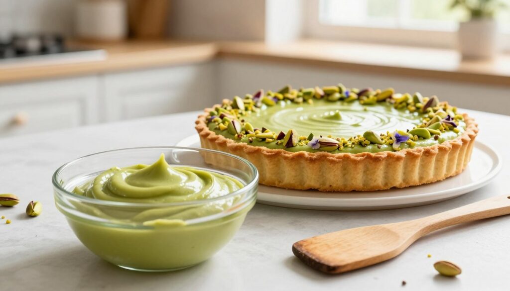A beautifully arranged table displaying the key techniques for achieving a creamy consistency in desserts. In the foreground, a smooth pistachio frangipane filling is showcased in a crystal clear bowl, with a wooden spatula resting beside it. The middle ground features a freshly baked pistachio frangipane tart, garnished with crushed pistachios and delicate edible flowers, highlighting its luscious texture. The background is softly blurred to emphasize a light, airy kitchen with natural sunlight streaming through a window, creating a warm and inviting atmosphere. Capture the rich green tones of pistachios and the subtle golden crust, with a focus on the inviting and creamy consistency theme. The lighting should be soft and diffused, reminiscent of a cozy kitchen, shot at a slight angle to create depth.