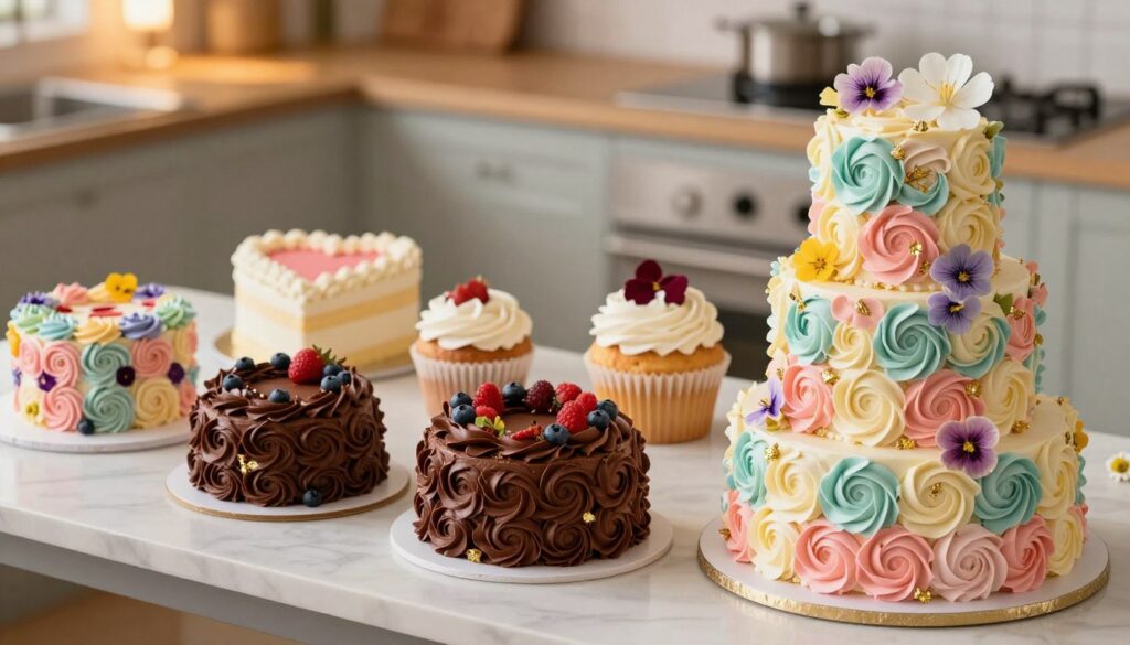 A beautifully arranged table featuring an array of creative rosette cake variations, showcasing diverse flavors and decorations. In the foreground, a three-tiered cake adorned with pastel-colored rosettes, garnished with edible flowers and delicate gold leaf accents. Beside it, a chocolate rosette cake with rich, dark frosting, embellished with fresh berries. In the middle ground, smaller cakes in unique shapes, such as a heart and a cupcake, each decorated with intricate rosettes and contrasting colors. The background features a softly blurred kitchen setting with warm, inviting lighting that enhances the cakes' textures. The mood is festive and joyful, perfect for any occasion, with a focus on aesthetics and gourmet creativity.
