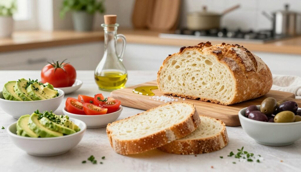 A beautifully arranged table featuring various serving ideas and pairings with cottage cheese bread, set against a bright, rustic kitchen backdrop. In the foreground, a freshly baked loaf of cottage cheese bread sliced to reveal its soft texture, alongside small bowls of colorful accompaniments—creamy avocado slices, vibrant heirloom tomatoes, assorted olives, and a sprinkle of fresh herbs. In the middle ground, a wooden cutting board is adorned with a drizzle of olive oil and a scattering of sea salt. The background includes softly blurred kitchen elements, like potted herbs and cooking utensils. The scene is bathed in warm, natural light, evoking a cozy and inviting atmosphere perfect for family dining. The angle captures the delightful spread, creating an inviting and appetizing composition.