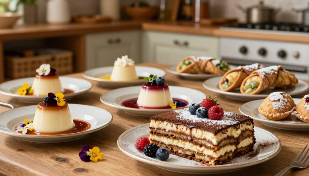 A beautifully arranged table showcasing a variety of traditional Italian desserts, such as tiramisu, panna cotta, cannoli, and zeppole. In the foreground, there’s a close-up of a slice of rich chocolate torta, dusted with powdered sugar and garnished with fresh berries. The middle ground features elegant dessert plates artfully styled with colorful sauces and delicate edible flowers. The background reveals a rustic Italian kitchen with wooden shelves filled with cooking ingredients, creating a warm, inviting atmosphere. Soft, natural lighting bathes the scene in a golden glow, enhancing the textures of the desserts. Capture the essence of exploration and indulgence in Italian culinary artistry, inviting viewers to imagine tasting these delightful treats.