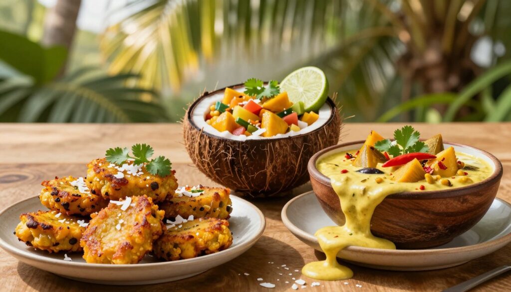 A beautifully arranged table showcasing an array of vibrant breadfruit dishes infused with coconut flavors. In the foreground, a plate exhibits golden-brown breadfruit fritters, garnished with fresh cilantro and coconut flakes. Beside it, a creamy coconut breadfruit curry spills invitingly from a rustic bowl, with hints of vibrant spices and red chili. In the middle ground, a coconut shell serves as a dish filled with breadfruit salad, mixed with diced vegetables and a sprinkle of lime for zest. The background features subtly blurred tropical foliage and soft, dappled sunlight filtering through palm trees, creating a warm, inviting atmosphere. The image captures a fresh and healthy vibe, perfect for quick, tasty meals, with a focus on texture and color in high resolution. Shot from a slightly elevated angle to emphasize the dishes’ details while maintaining a natural look.