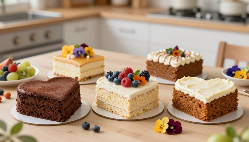 A beautifully arranged tabletop featuring a variety of heart-shaped cakes designed for special diets. In the foreground, show three distinct heart cakes: a gluten-free chocolate cake, a vegan vanilla cake adorned with berries, and a sugar-free carrot cake with a light cream frosting. In the middle ground, include decorative elements like fresh fruit, nuts, and colorful edible flowers to enhance the visual appeal. The background should be softly blurred, showcasing a cozy kitchen with warm, natural lighting that creates a cheerful and inviting atmosphere. Use a shallow depth of field to emphasize the cakes in the foreground, capturing the textures and vibrant colors. The overall mood should exude warmth and celebration, perfect for various dietary needs and special occasions.