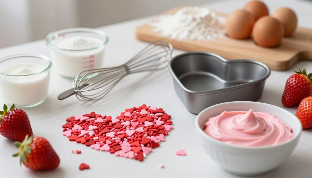 A beautifully arranged tabletop featuring essential baking ingredients and tools for making a heart-shaped cake. In the foreground, showcase vibrant red and pink heart-shaped sprinkles, a bowl of smooth frosting, and fresh strawberries. The middle ground includes measuring cups, a whisk, and a spatula, all neatly placed beside a charming heart-shaped baking pan. In the background, softly blurred, a wooden cutting board displays flour, sugar, and eggs in natural light that creates a warm and inviting atmosphere. Use a shallow depth of field to keep the focus on the ingredients and tools, emphasizing the theme of love and homemade treats. The lighting should be soft and diffused to enhance the sweetness of the scene, evoking a sense of joy and creativity in baking.