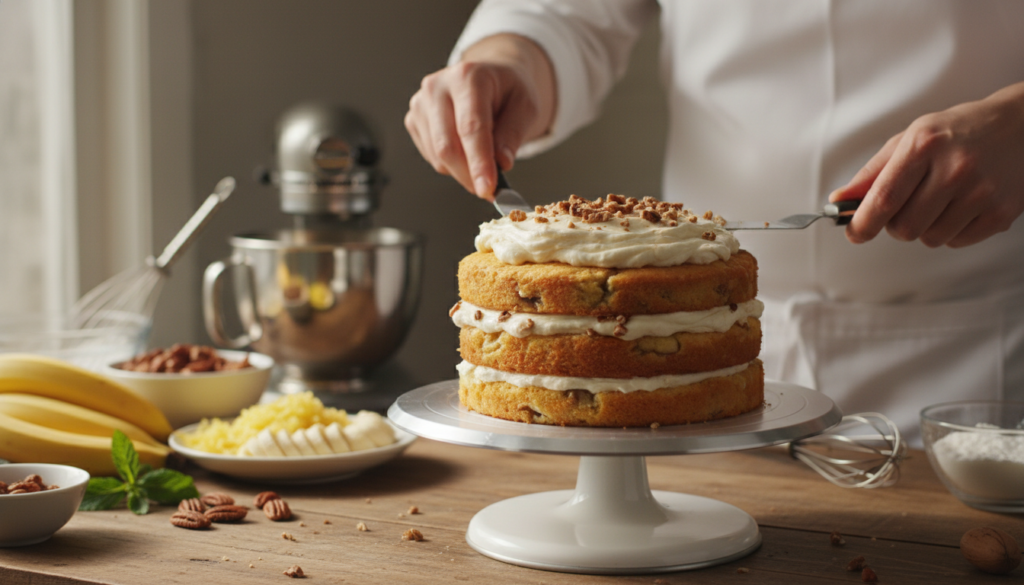 A beautifully arranged workspace showcasing the process of assembling a Hummingbird cake with perfectly baked layers. In the foreground, a chef in a crisp white apron carefully levels three moist, golden cake layers, adorned with pieces of banana and pineapple. The middle layer features a rich cream cheese frosting spread evenly, with small flecks of chopped pecans sprinkled on top for texture. In the background, a vibrant array of fresh ingredients, like ripe bananas and crushed pineapple, enhance the scene. Soft, natural lighting filters through a nearby window, casting gentle shadows and emphasizing the cake's texture. A shallow depth of field focuses on the cake layers, creating a warm and inviting atmosphere, perfect for a Southern dessert celebration.