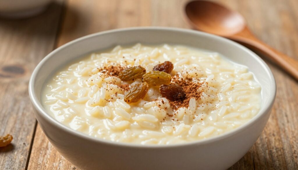 A beautifully crafted bowl of arroz con leche sits on a rustic wooden table, showcasing its creamy texture and rich, inviting color. In the foreground, the bowl is filled with milky rice pudding, subtly garnished with a sprinkle of cinnamon and a few raisins, creating an enticing contrast. The middle ground features a wooden spoon resting beside the bowl, hinting at the homemade charm of this traditional Mexican dessert. In the background, soft, warm lighting casts gentle shadows, enhancing the cozy atmosphere and emphasizing the dish's creamy consistency. The angle is slightly elevated to capture the depth of the rice pudding and the details of the garnish, exuding a sense of warmth and comfort ideal for dessert lovers.