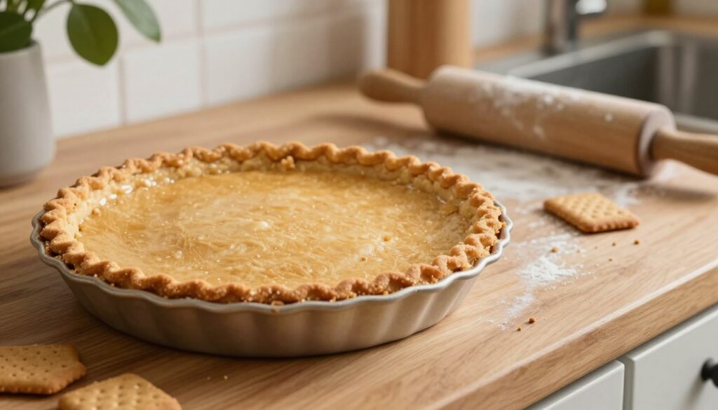 A beautifully crafted graham cracker crust sits elegantly on a wooden kitchen counter, the golden brown texture glistening under soft, natural light. In the foreground, the crust is showcased in a pie dish, with a decorative edge highlighting its homemade charm. The middle ground features a few scattered graham cracker crumbs, hinting at the preparation process, while a rolling pin rests nearby, dusted with flour. In the background, a softly blurred kitchen setting, with hints of green plants and kitchen utensils, creates a warm and inviting atmosphere. The lens captures this scene at a slightly elevated angle, focusing on the rich textures of the crust. The overall mood is cozy and artisanal, evoking a sense of home baking and culinary delight.