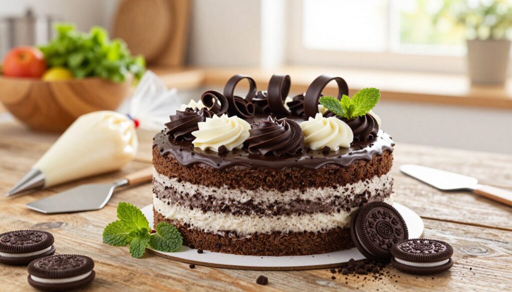 A beautifully decorated Oreo cake takes center stage on a rustic wooden table. The cake is layered, showcasing its rich, creamy filling, and is adorned with artistic swirls of dark and white chocolate ganache. In the foreground, delicate Oreo cookie crumbs are sprinkled around the cake, while elegant chocolate curls accentuate the top. Fresh mint leaves add a pop of color. In the middle ground, various decorating tools like a piping bag and offset spatula are neatly arranged, hinting at the creative process. The background is softly blurred, featuring warm, inviting kitchen elements like a wooden bowl of fresh ingredients and a sunny window, casting a soft, natural light that enhances the cake's inviting appearance. The overall mood is joyful and creative, perfect for inspiring bakers.